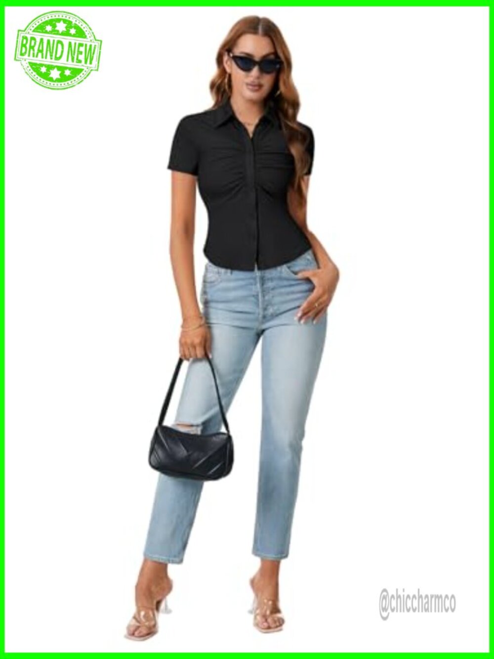Women's Collar V-Neck Button Front Slim Fitted Ribbed Knit Short Sleeve Blouse - Picture 5 of 7